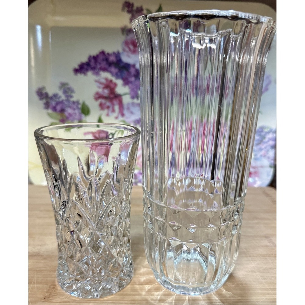 VTG Clear Glass Vase Set FTDA Crystal Vase + Anchor Hocking Prescut Pineapple